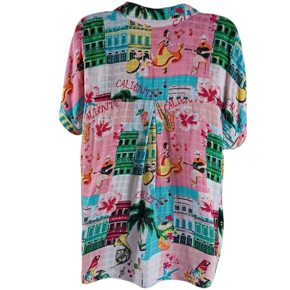 Jane + Delancey CALIENTE Tropical Cuban Print Button Shirt L | Palm Music Fiesta - Picture 6 of 9